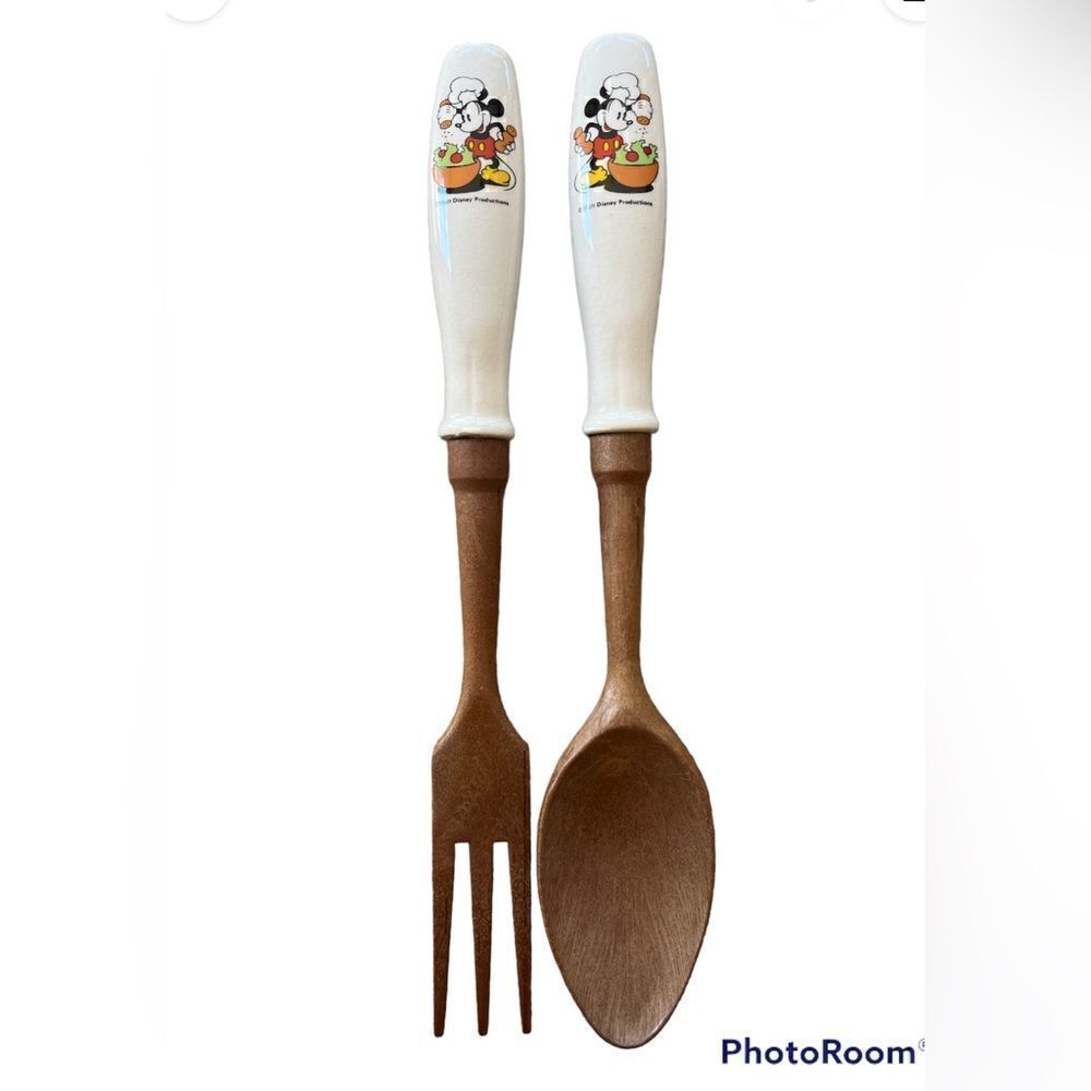 Vintage ceramic handle Disney Chef Mickey fork and spoon serving set faux wood